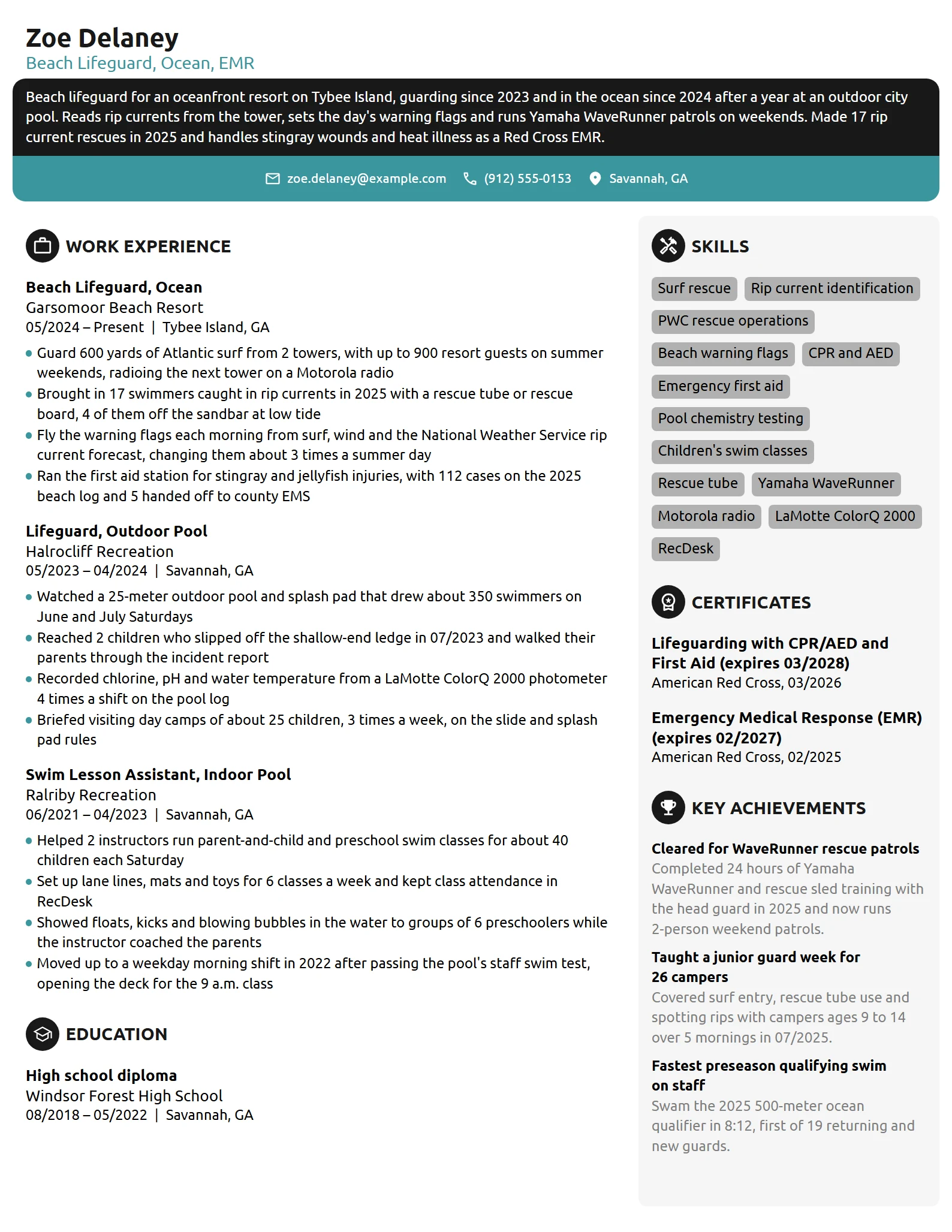Beach Lifeguard resume example