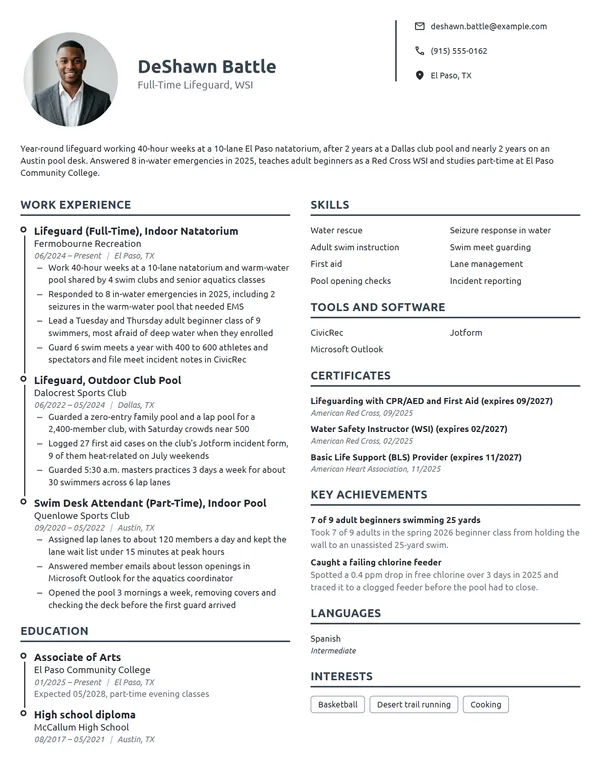 Full-Time Lifeguard resume example