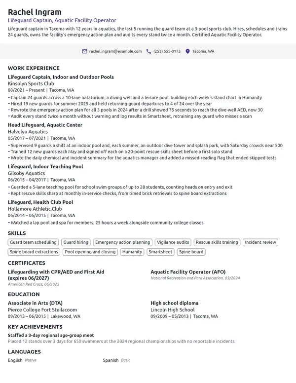 Lifeguard Captain resume example