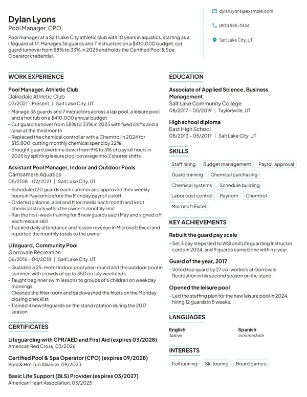 Pool Manager resume example