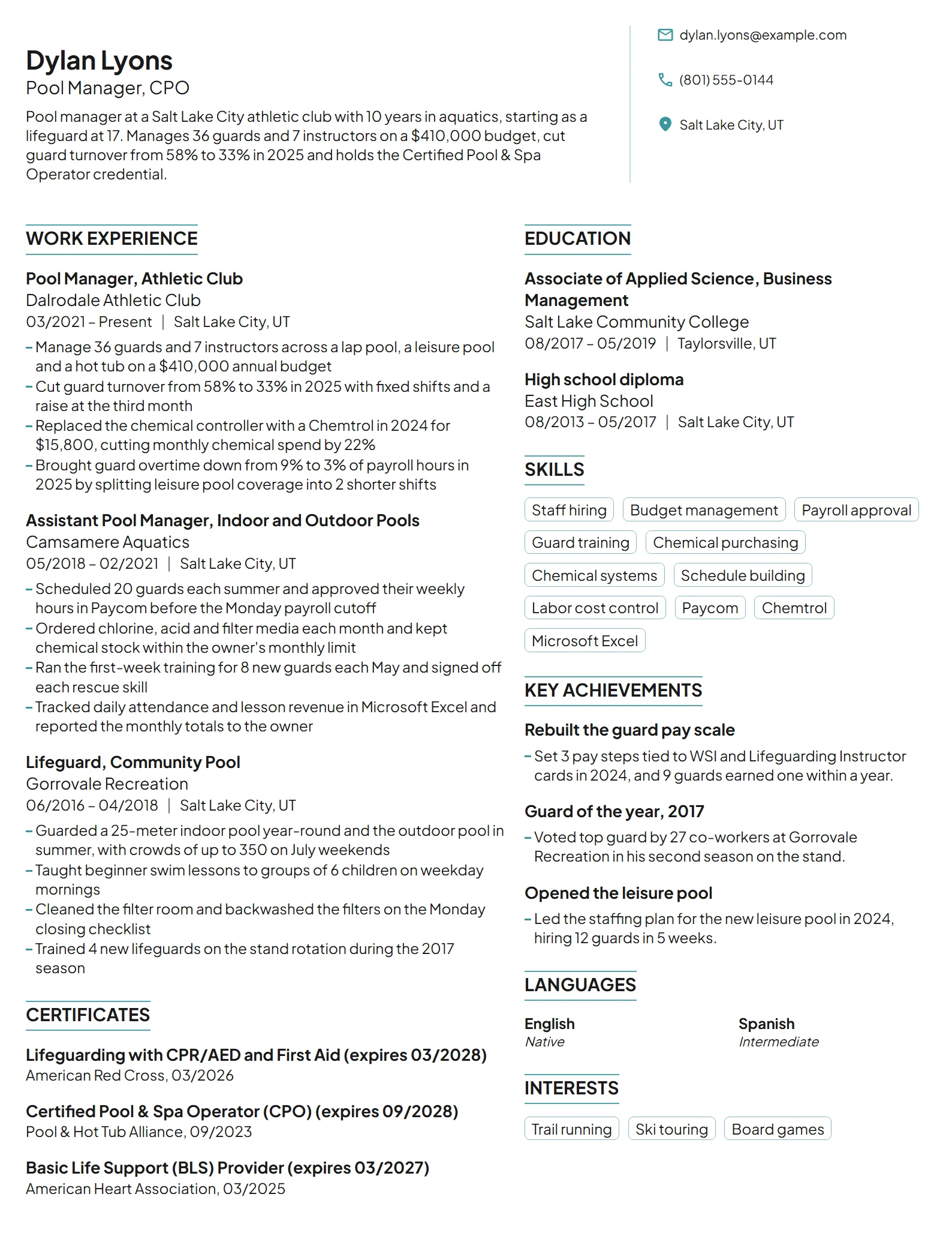 Pool Manager resume example