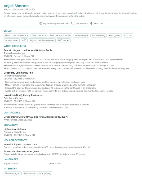 Resort Lifeguard resume example