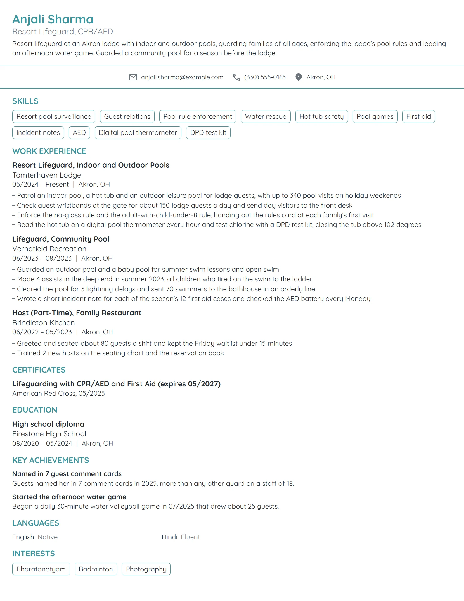 Resort Lifeguard resume example