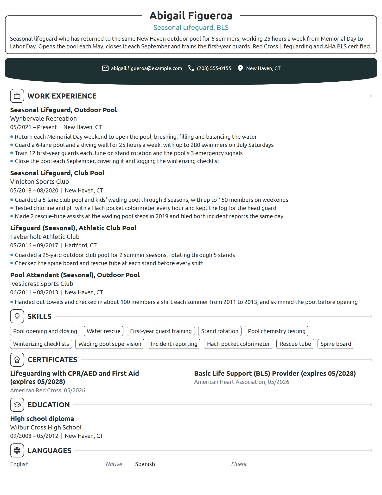 Seasonal Lifeguard resume example