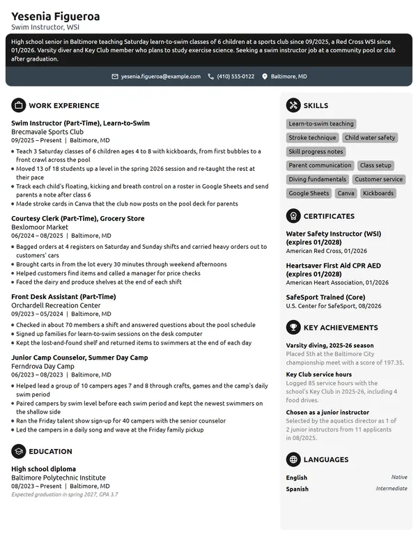 Swim Instructor resume example