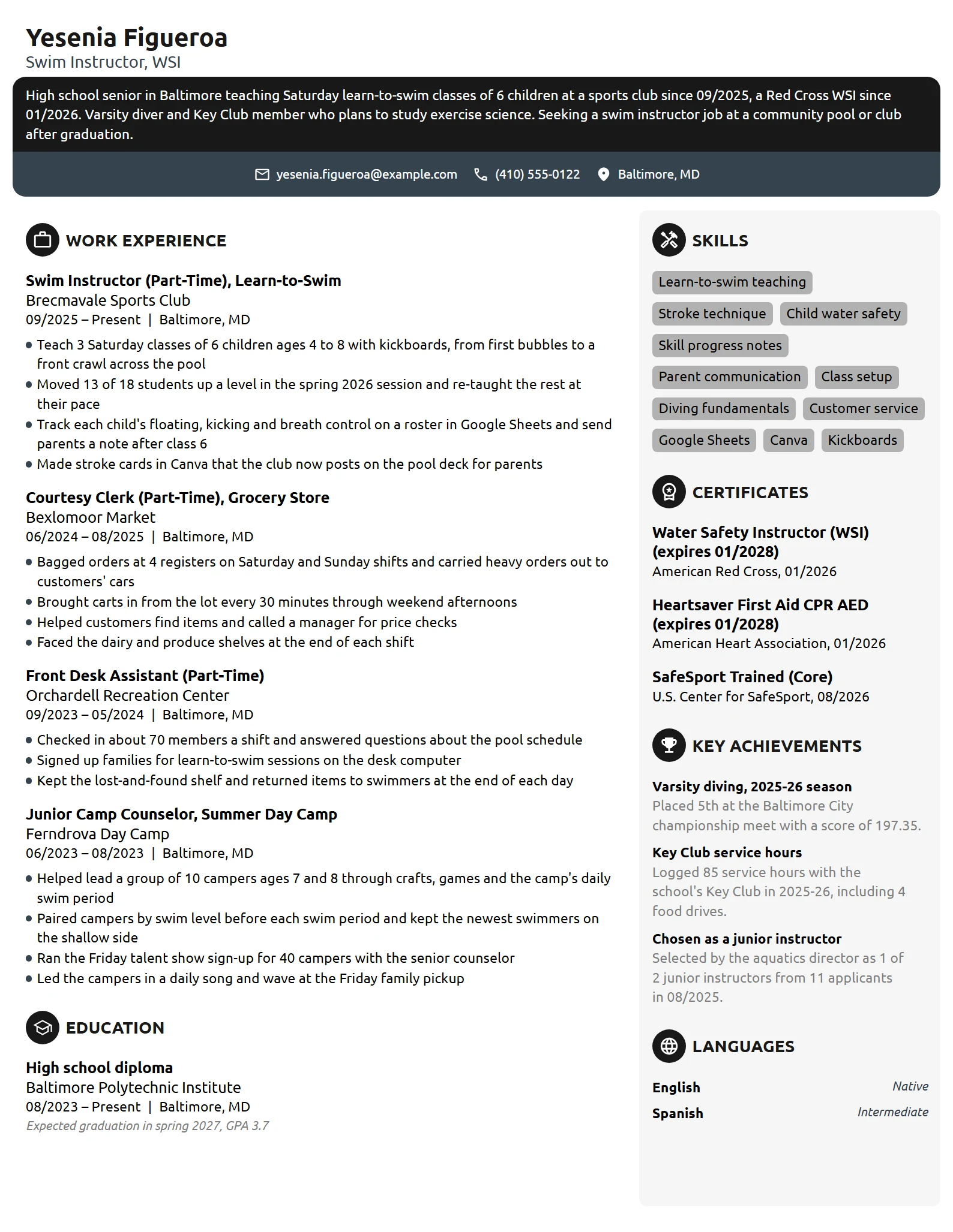 Swim Instructor resume example