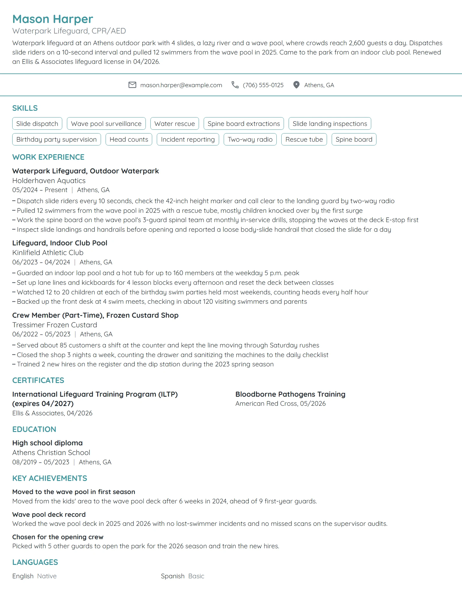 Waterpark Lifeguard resume example