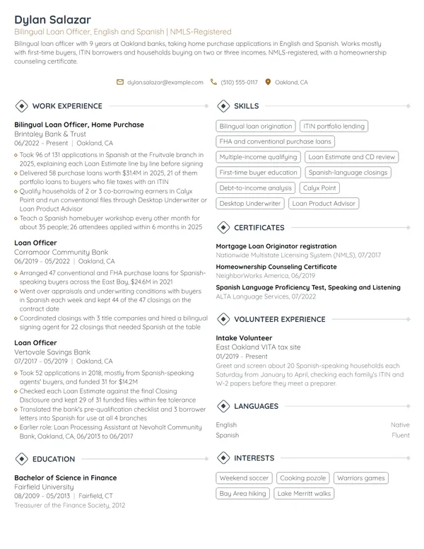 Bilingual Loan Officer resume example