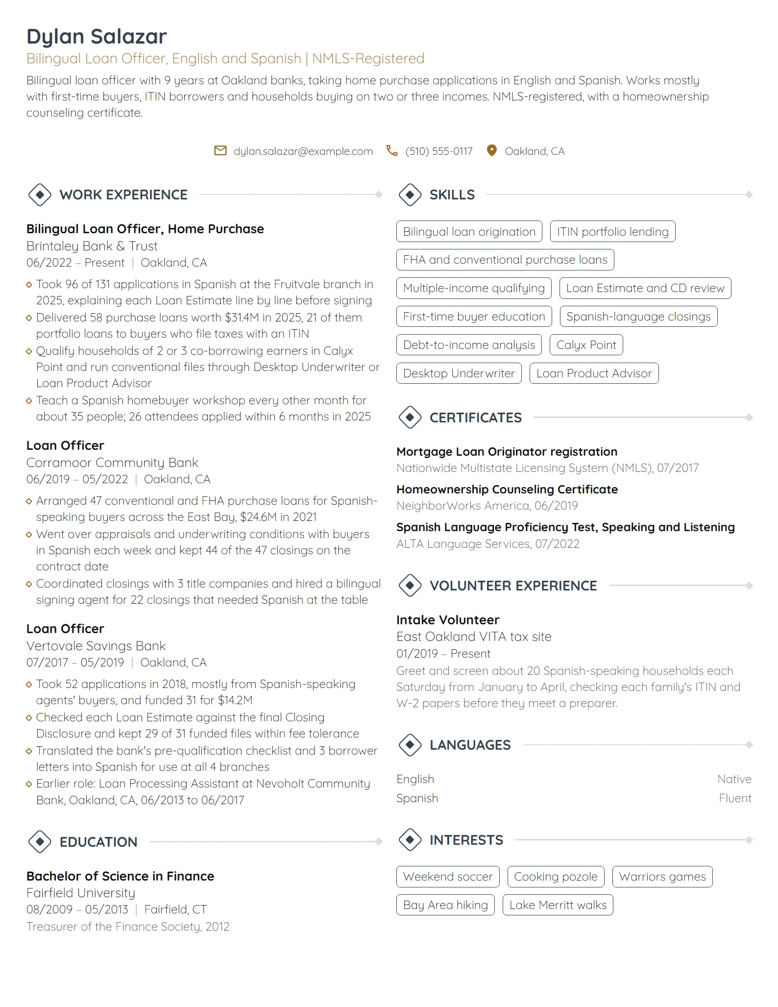 Bilingual Loan Officer resume example