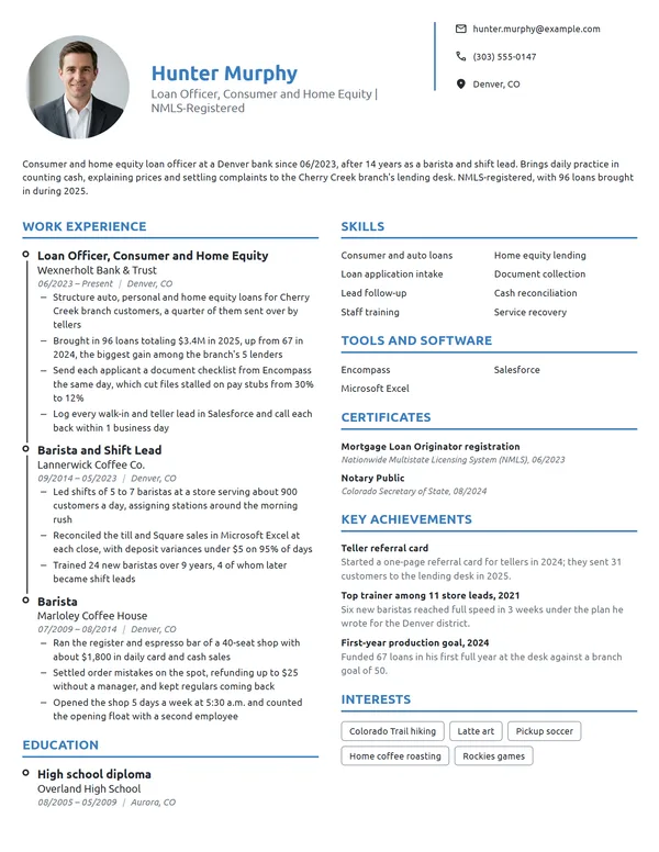 Career Change Loan Officer resume example