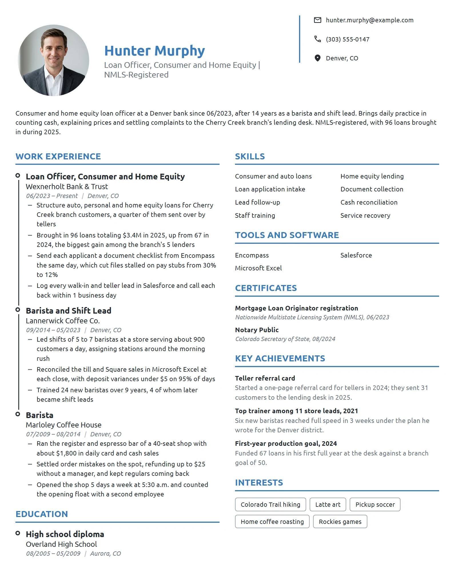 Career Change Loan Officer resume example