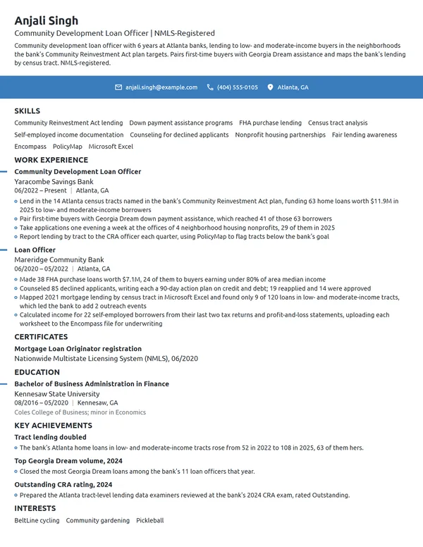 Community Development Loan Officer resume example