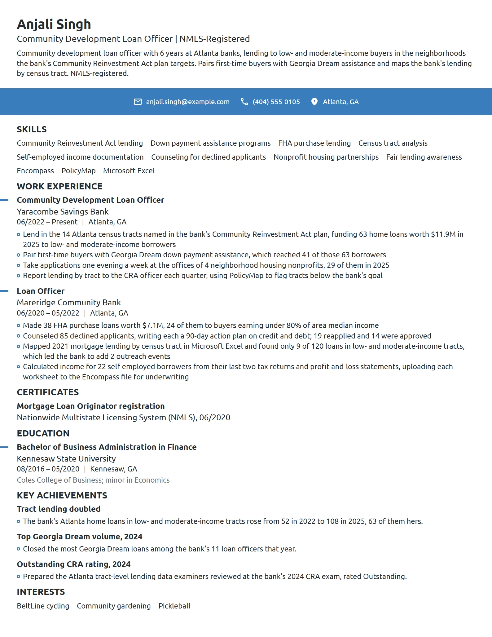Community Development Loan Officer resume example