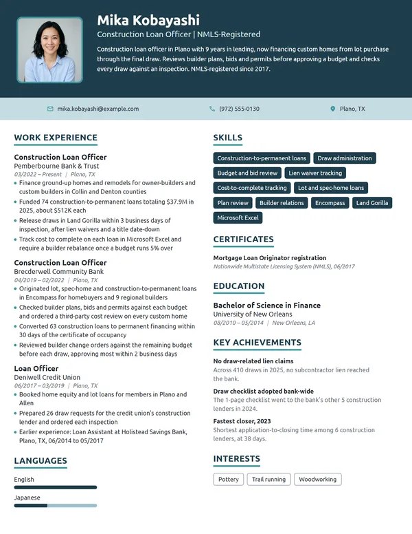 Construction Loan Officer resume example