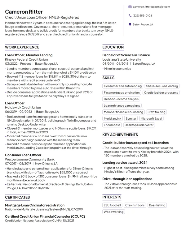 Credit Union Loan Officer resume example