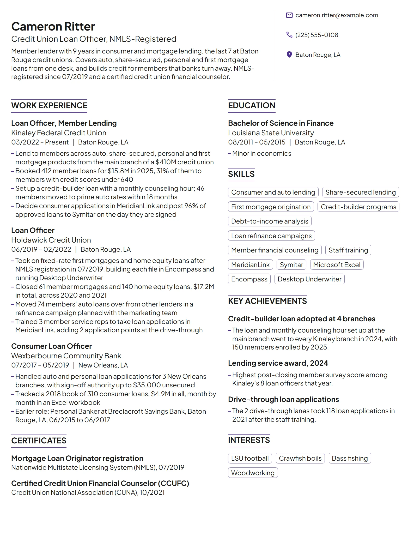 Credit Union Loan Officer resume example