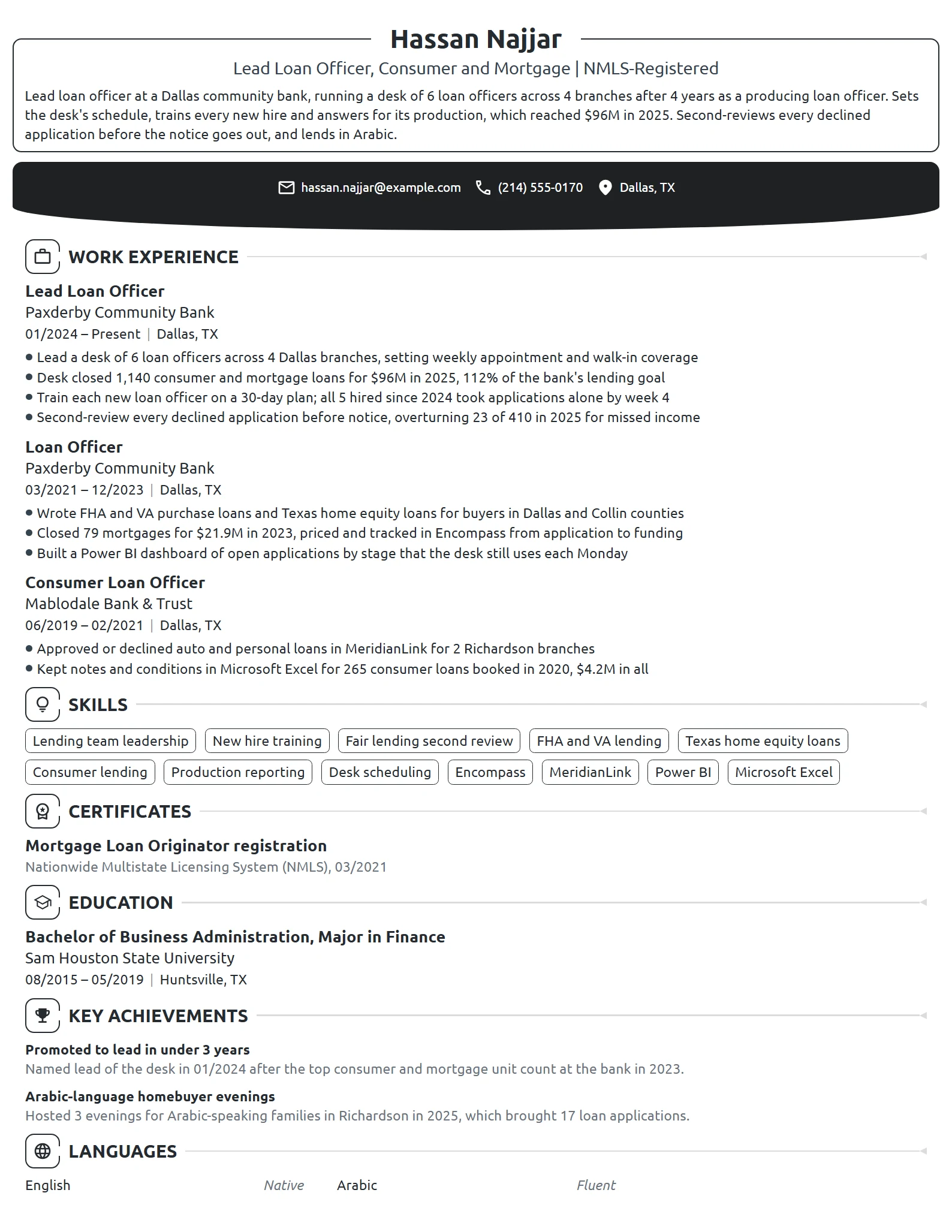 Lead Loan Officer resume example