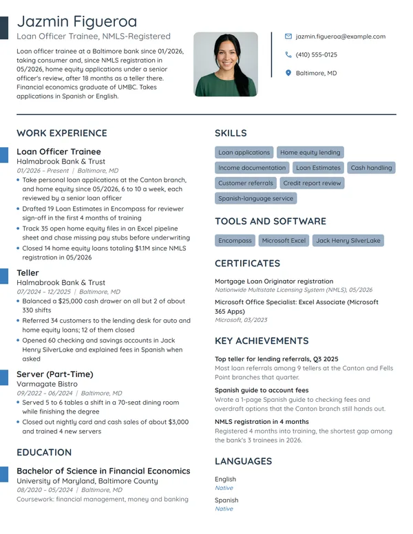Loan Officer Trainee resume example