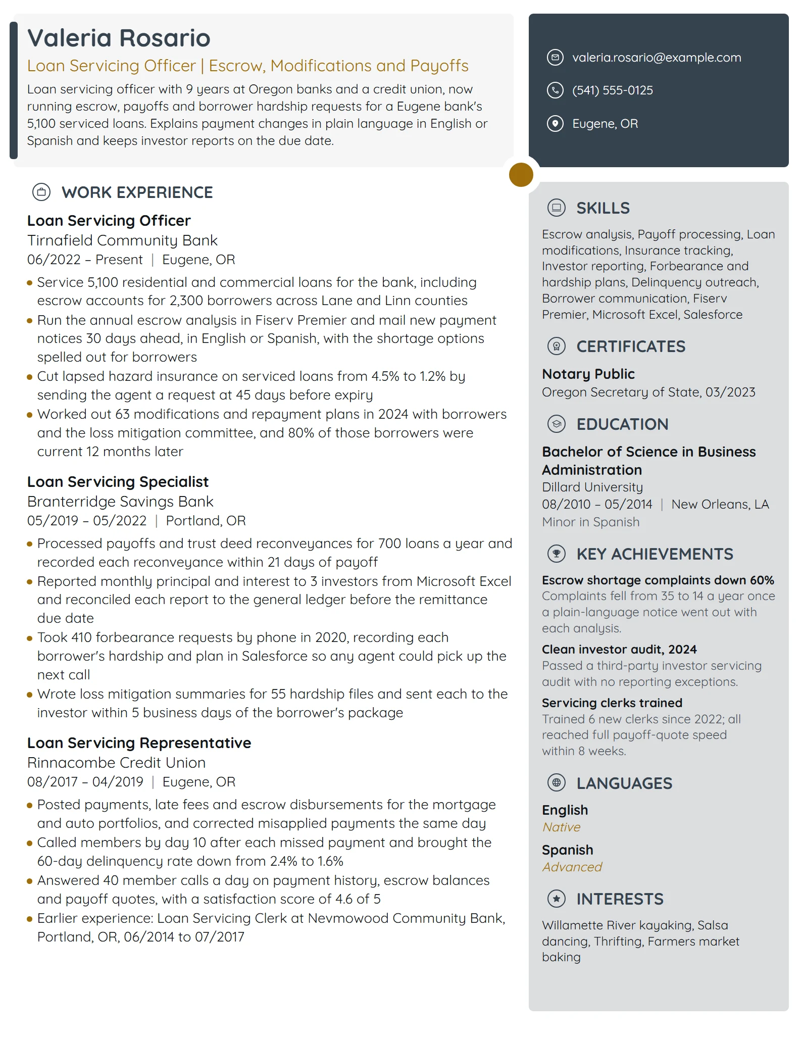 Loan Servicing Officer resume example