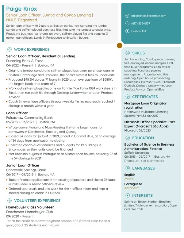 Senior Loan Officer resume example