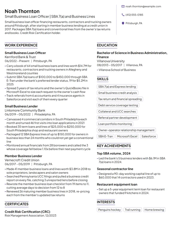 Small Business Loan Officer resume example