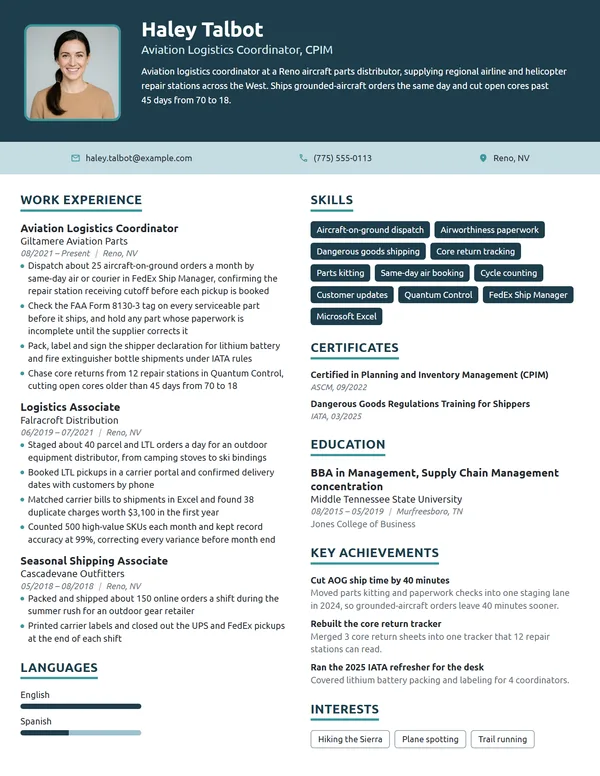 Aviation Logistics Coordinator resume example
