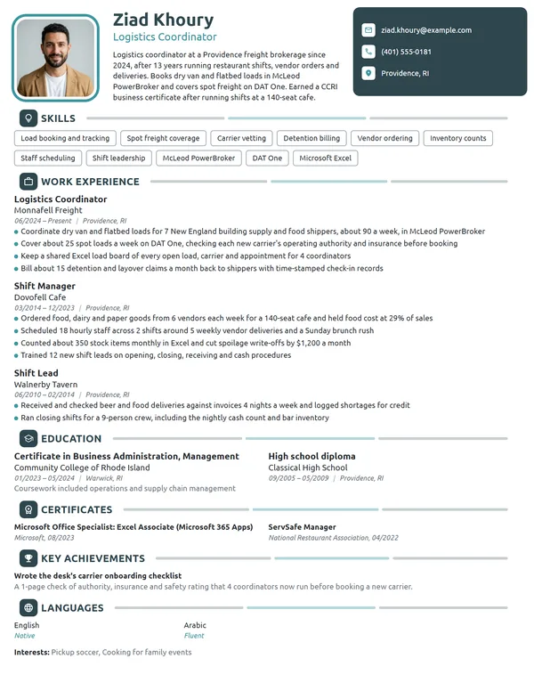 Career Change Logistics Coordinator resume example