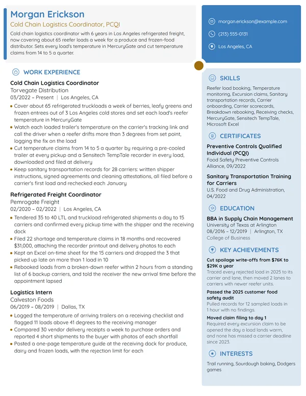 Cold Chain Logistics Coordinator resume example