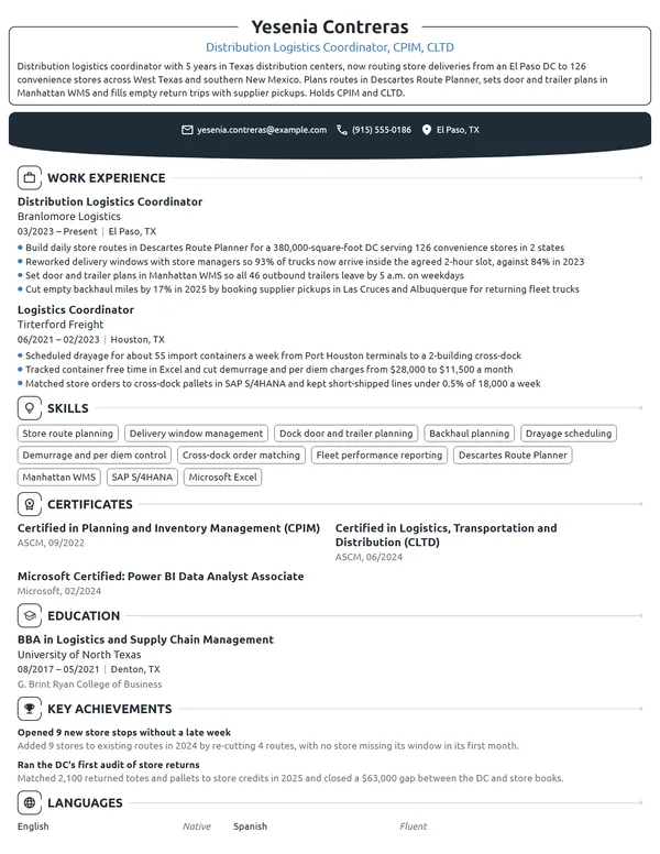 Distribution Logistics Coordinator resume example