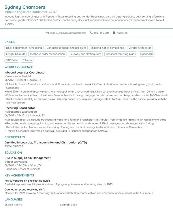 Inbound Logistics Coordinator resume example