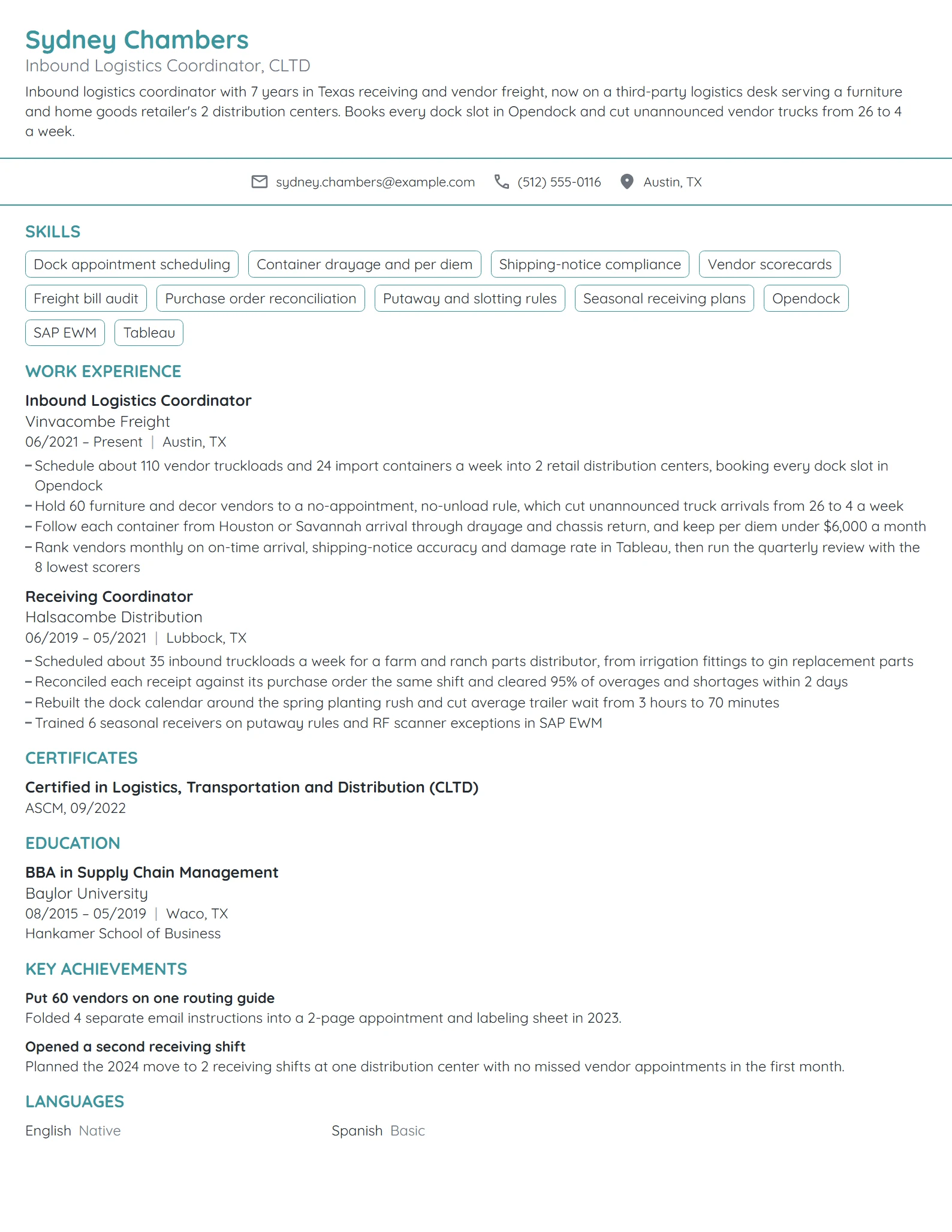 Inbound Logistics Coordinator resume example
