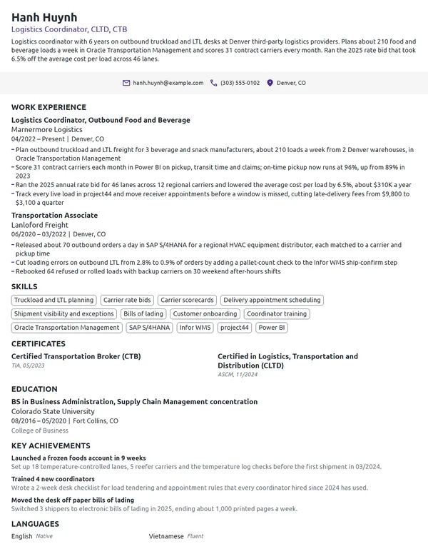 Logistics Coordinator resume example