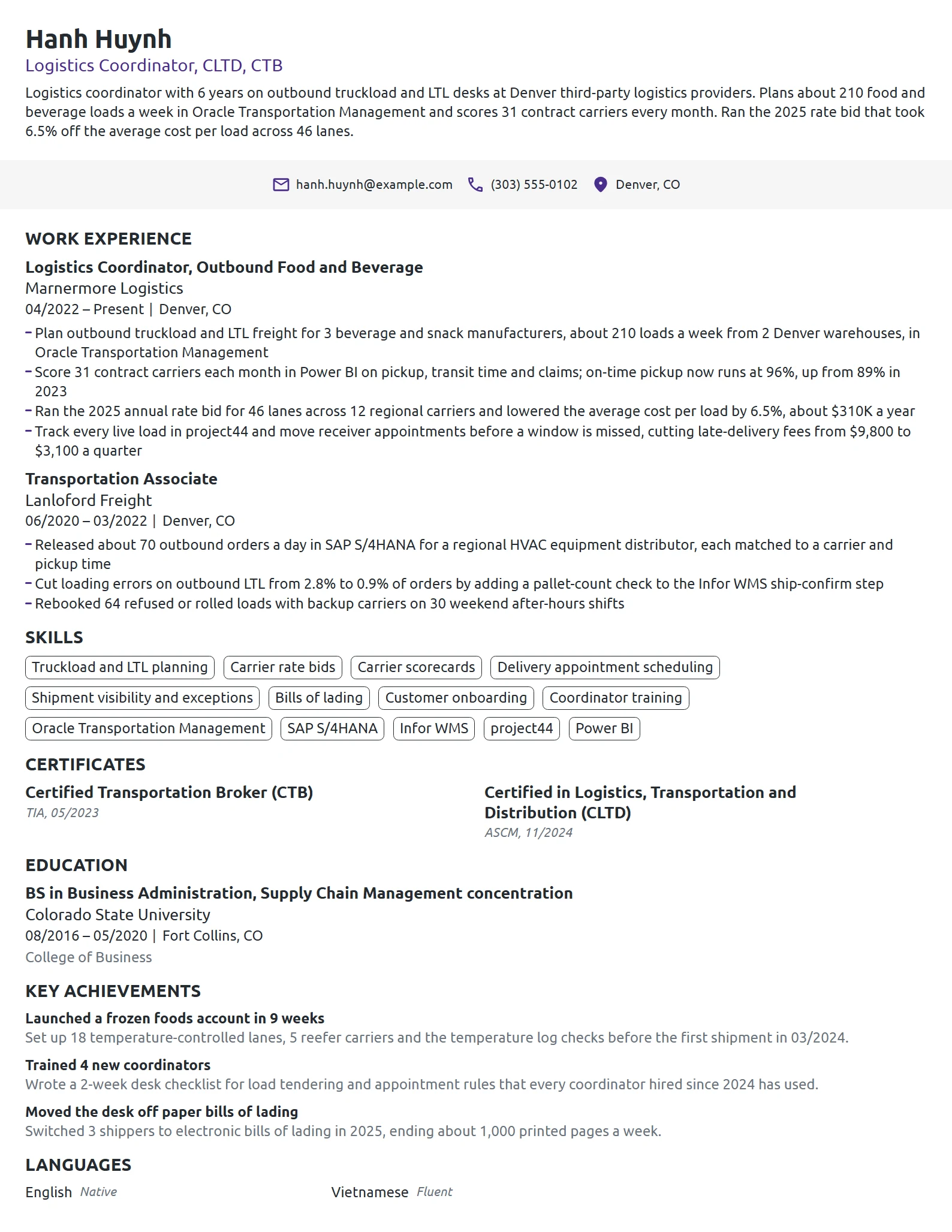 Logistics Coordinator resume example