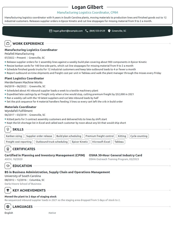 Manufacturing Logistics Coordinator resume example