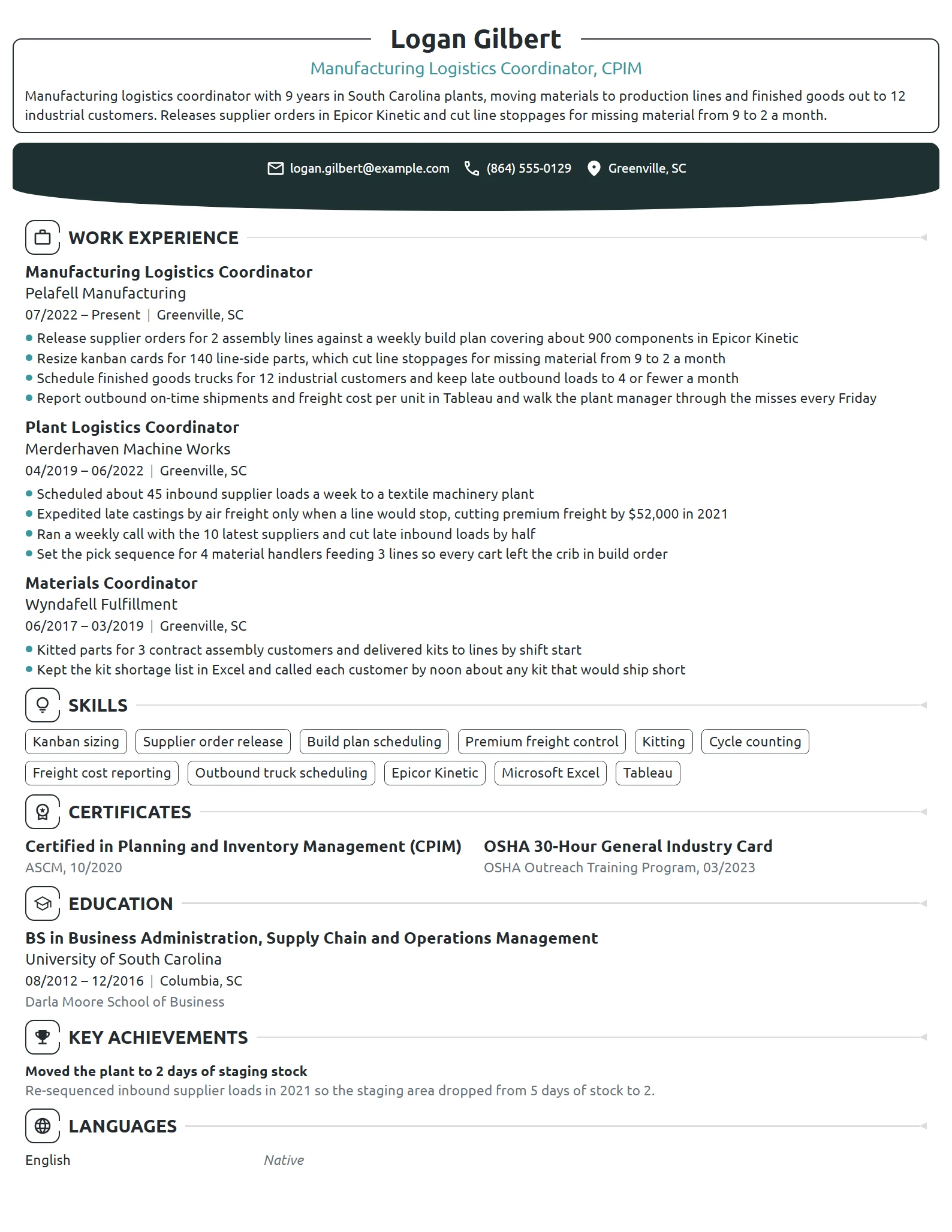 Manufacturing Logistics Coordinator resume example
