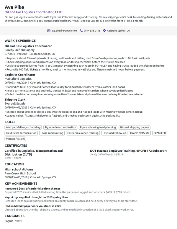 Oil and Gas Logistics Coordinator resume example