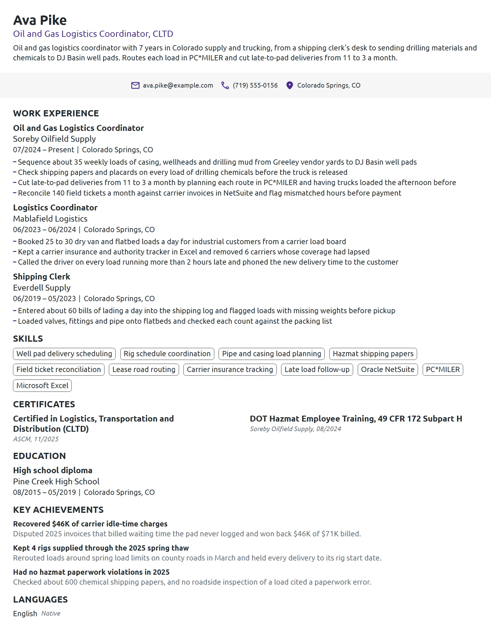 Oil and Gas Logistics Coordinator resume example