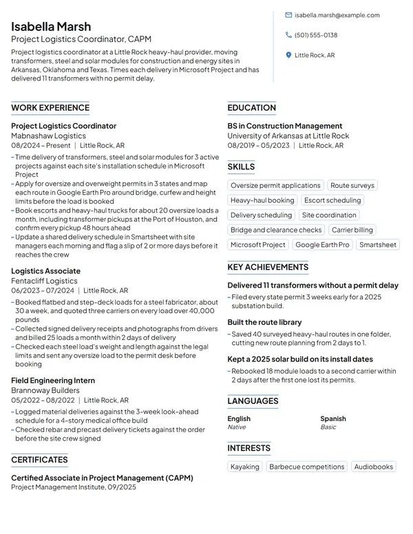 Project Logistics Coordinator resume example