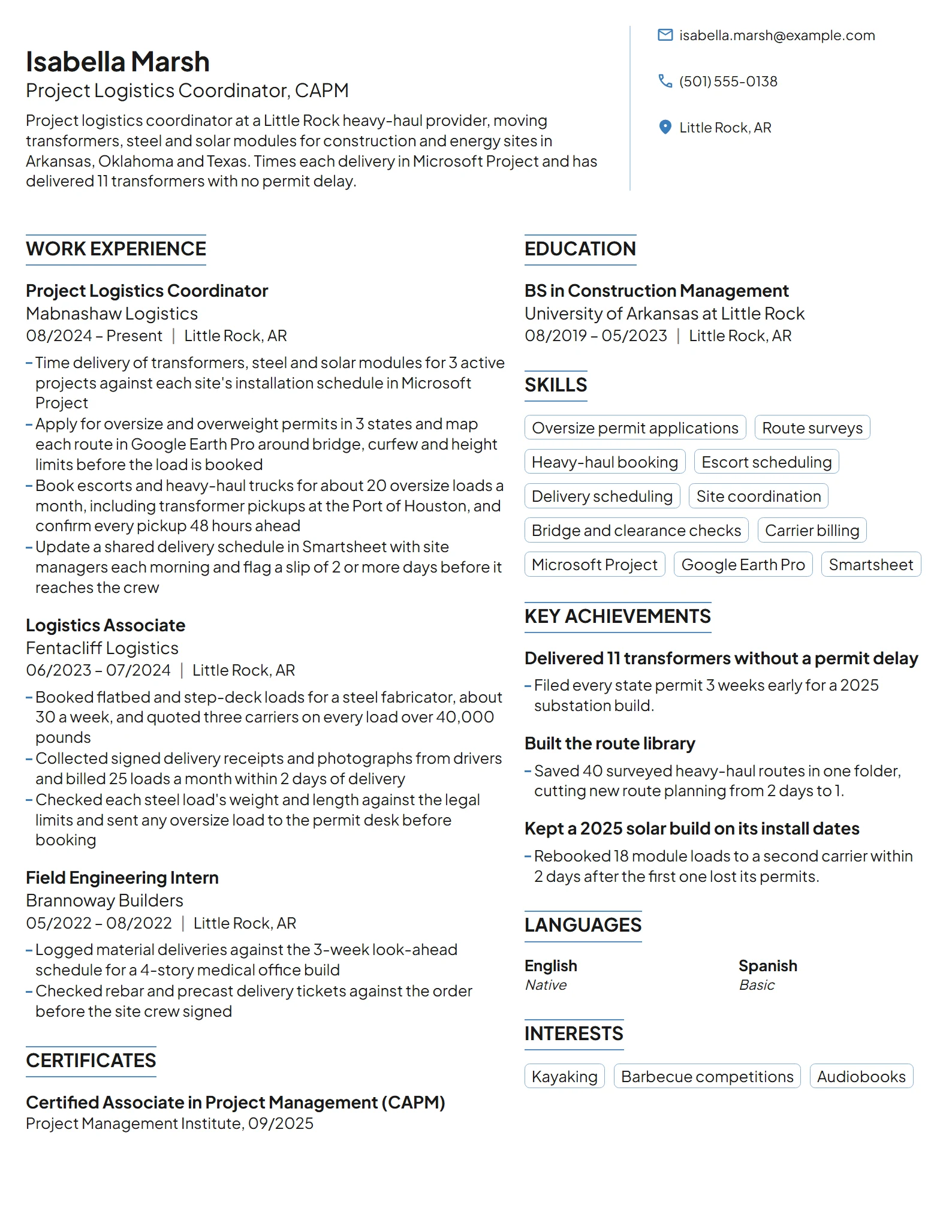 Project Logistics Coordinator resume example
