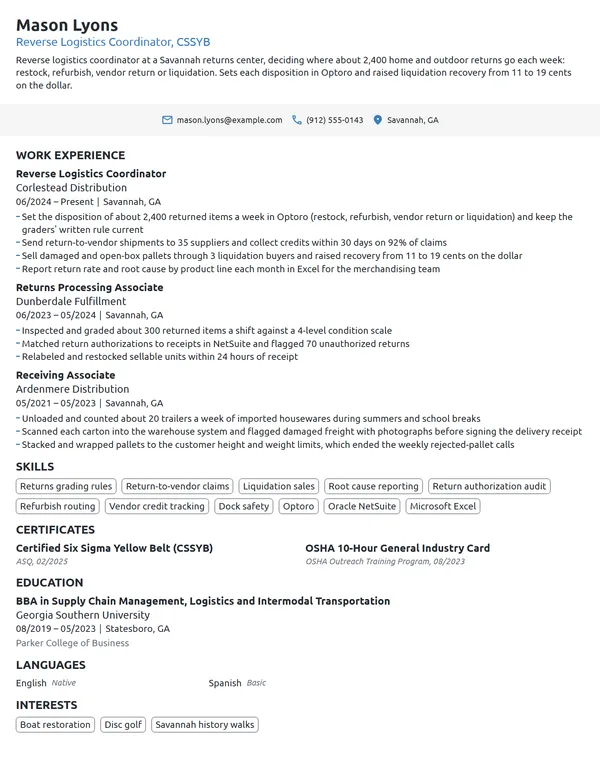 Reverse Logistics Coordinator resume example