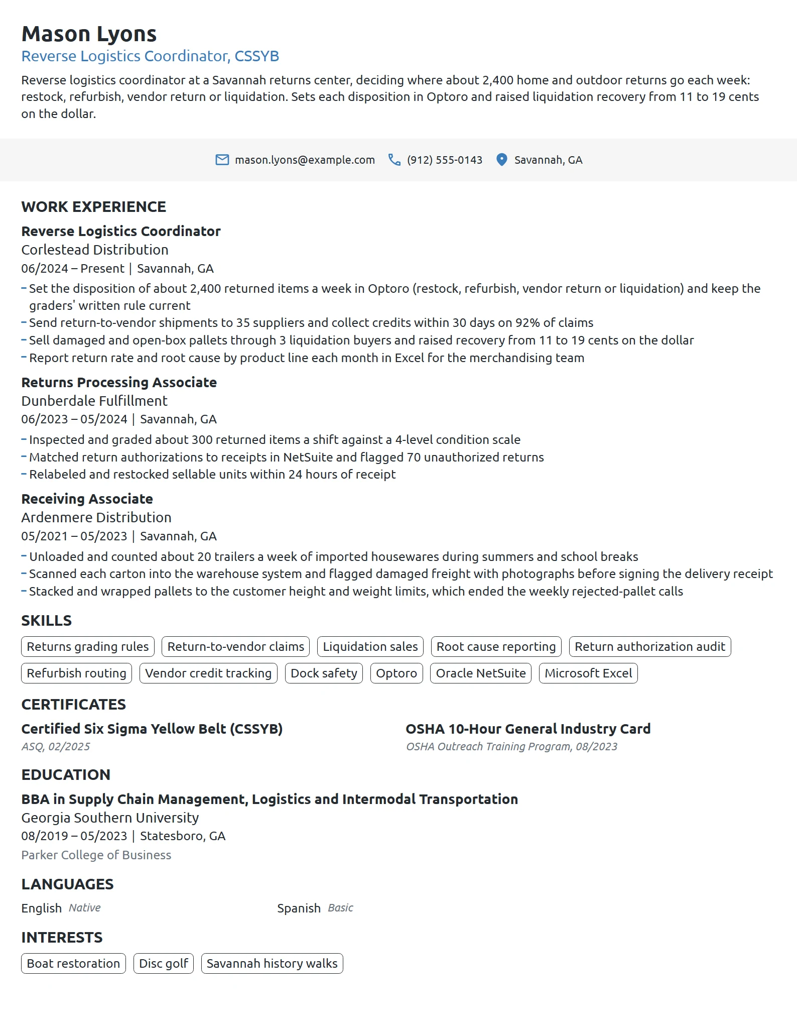 Reverse Logistics Coordinator resume example