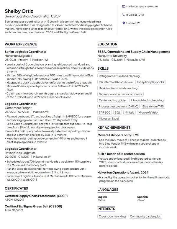 Senior Logistics Coordinator resume example