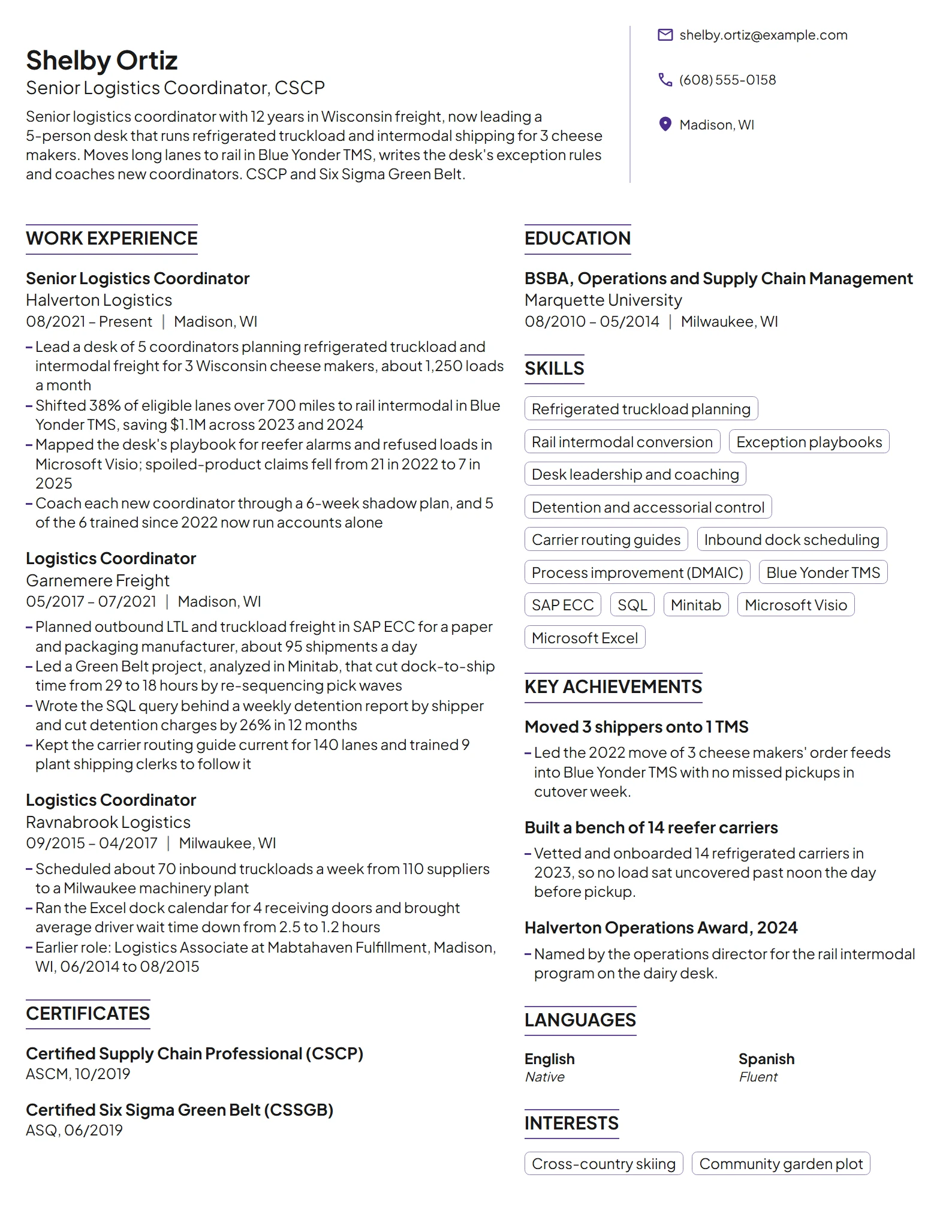 Senior Logistics Coordinator resume example
