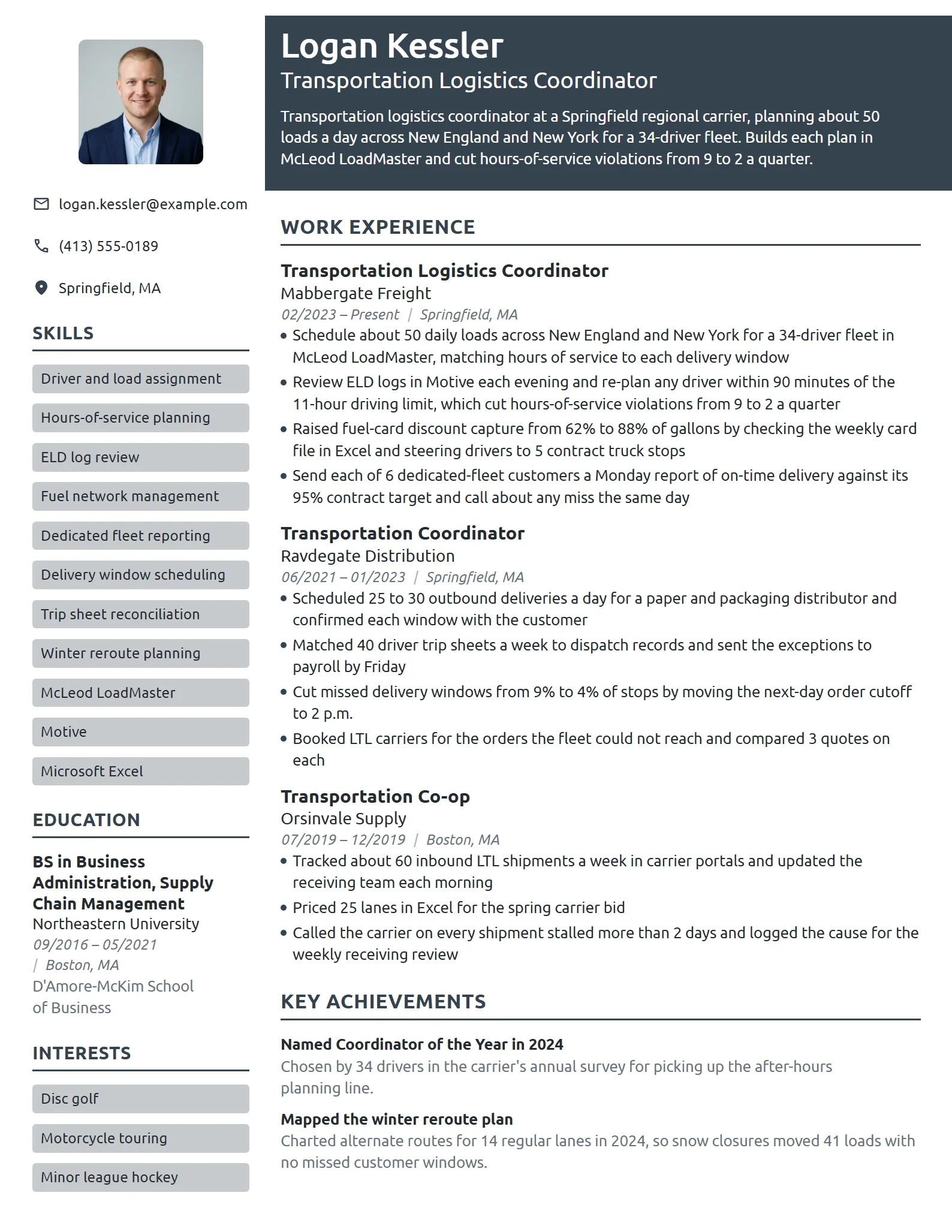 Transportation Logistics Coordinator resume example
