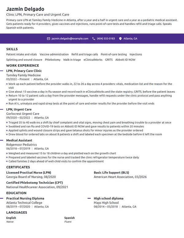 Clinic LPN resume example