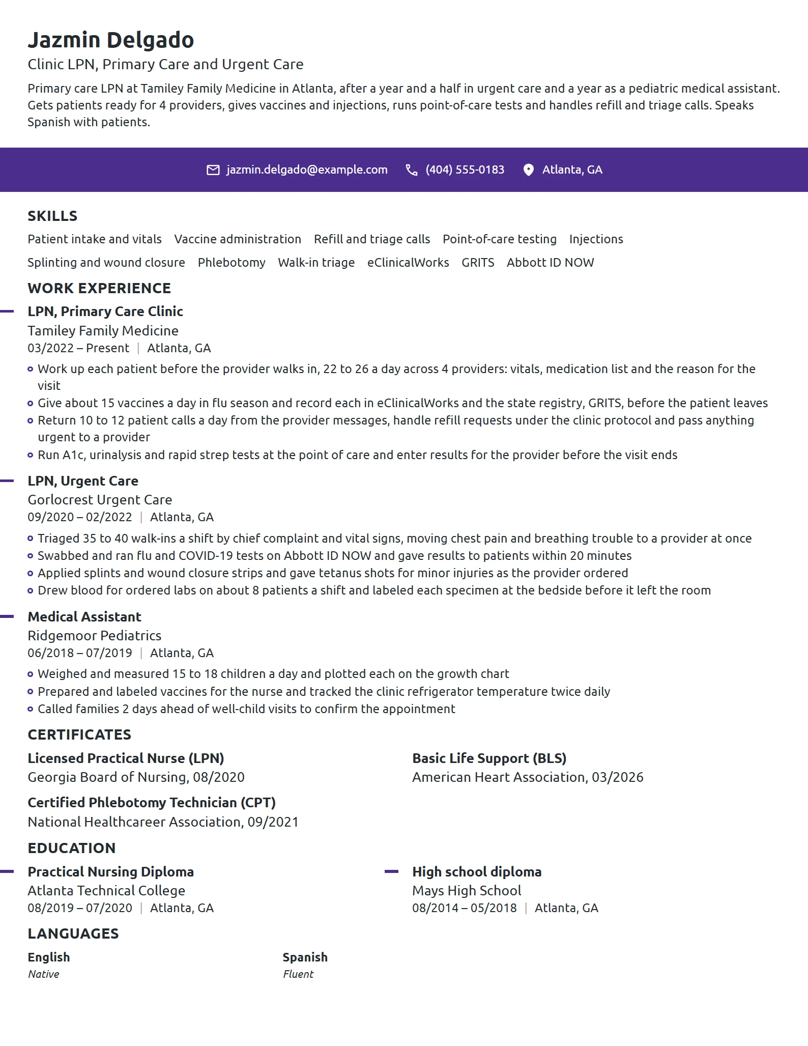 Clinic LPN resume example