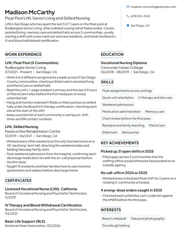 Float Pool LPN resume example