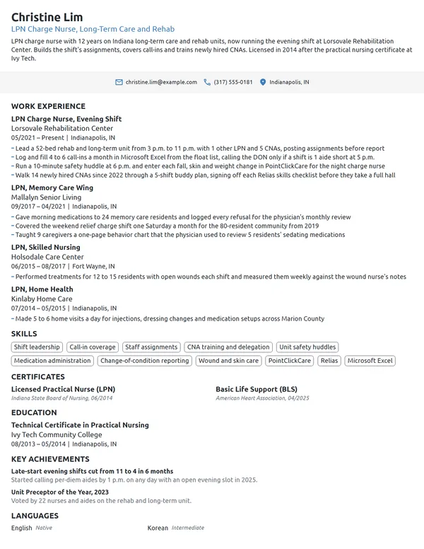 LPN Charge Nurse resume example