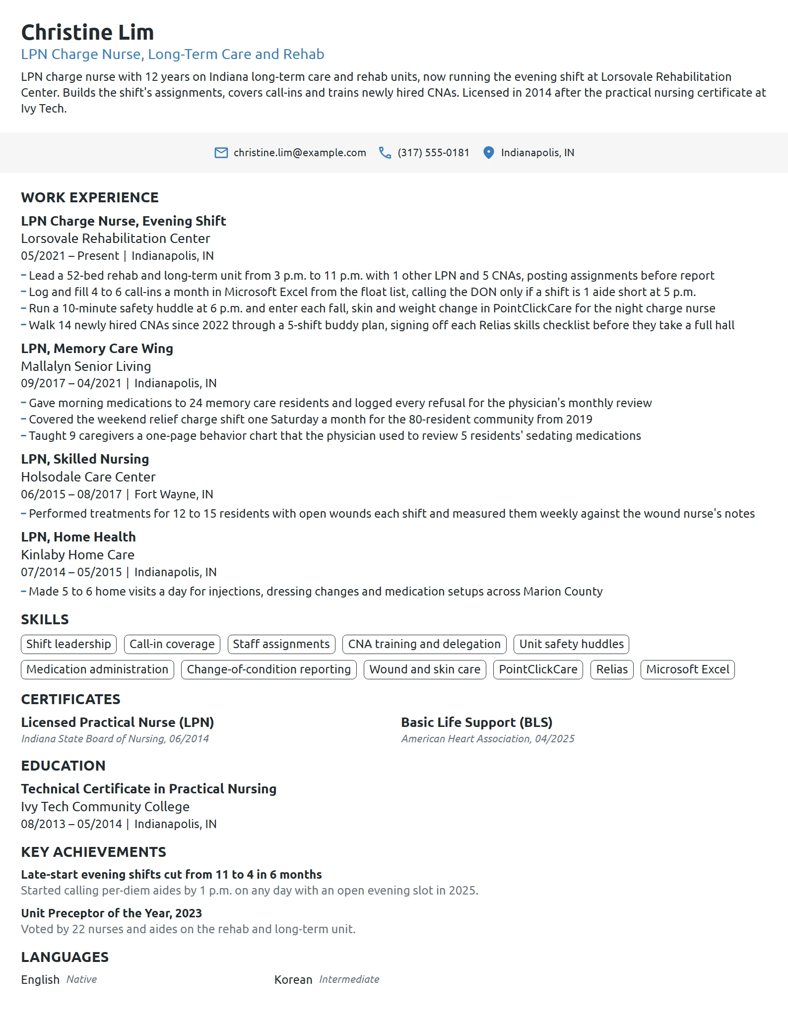 LPN Charge Nurse resume example