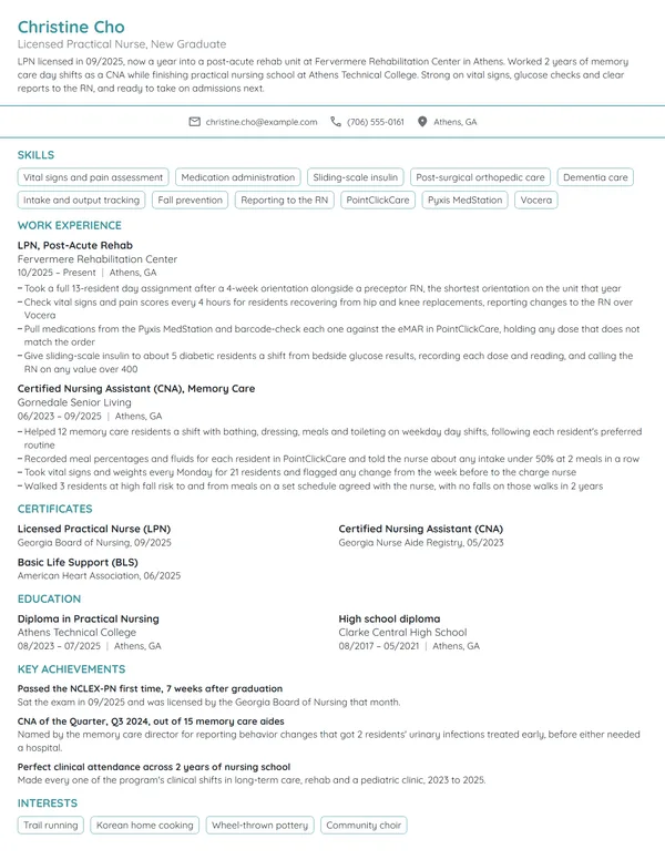 New Grad LPN resume example